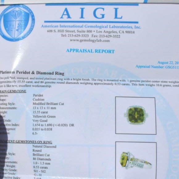 Certified Peridot 15.55ct Diamonds Platinum Ring - Picture 5 of 10